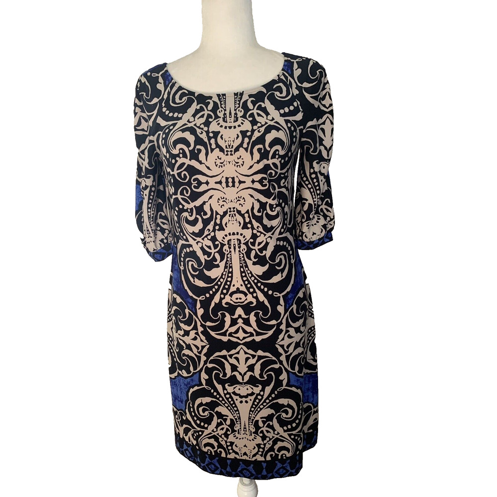 White House Black Market Print Shift Dress Black Tan Blue Peasant Sleeves Size S